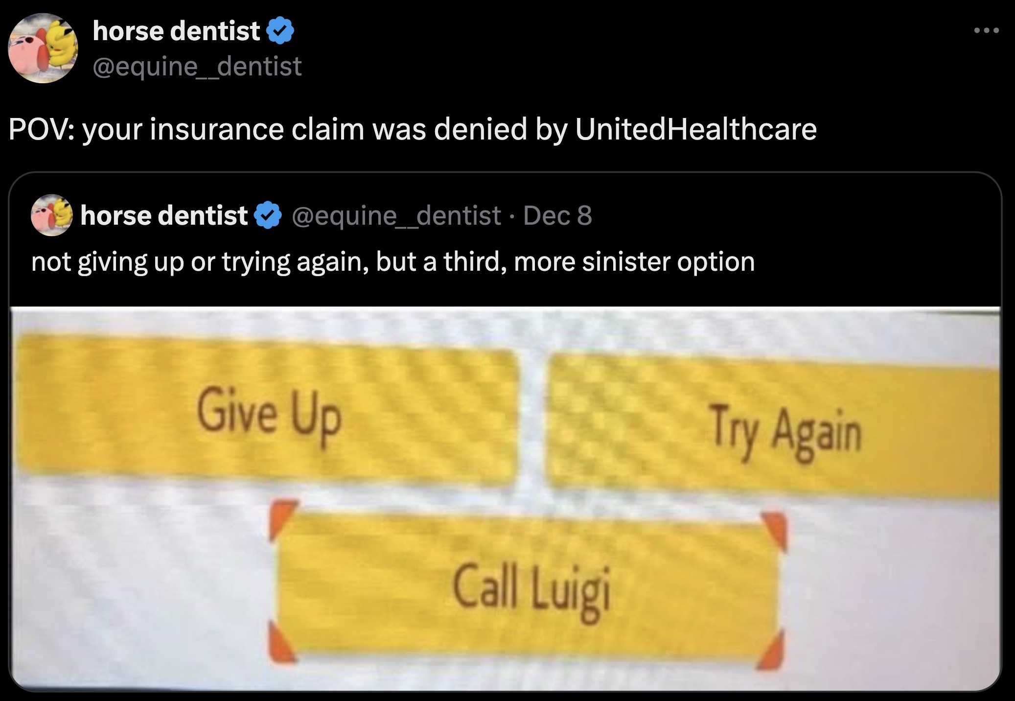 screenshot - horse dentist Pov your insurance claim was denied by UnitedHealthcare horse dentist Dec 8 not giving up or trying again, but a third, more sinister option Give Up Try Again Call Luigi